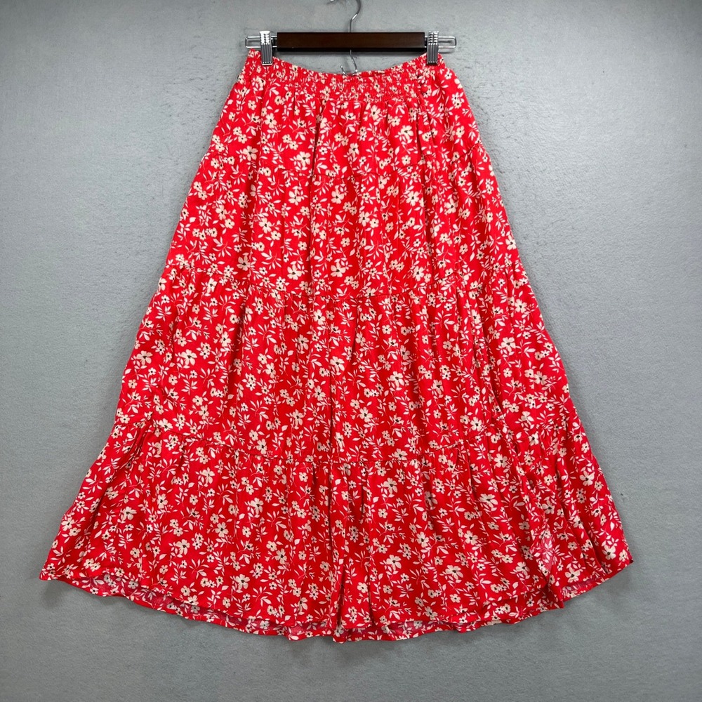 O'Neill Tiered Maxi Skirt Womens L Red Floral Boho Flowy Viscose Beach Coastal